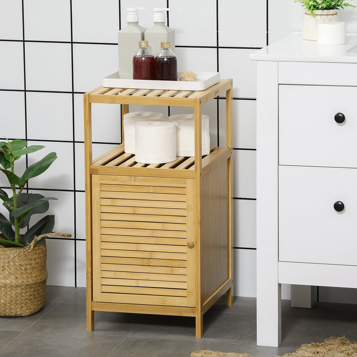 Bathroom Cabinet With Open Compartment, Side Cabinet, Anti-Tip, Storage Cabinet, Bamboo, Natural, 33X35.5X67Cm