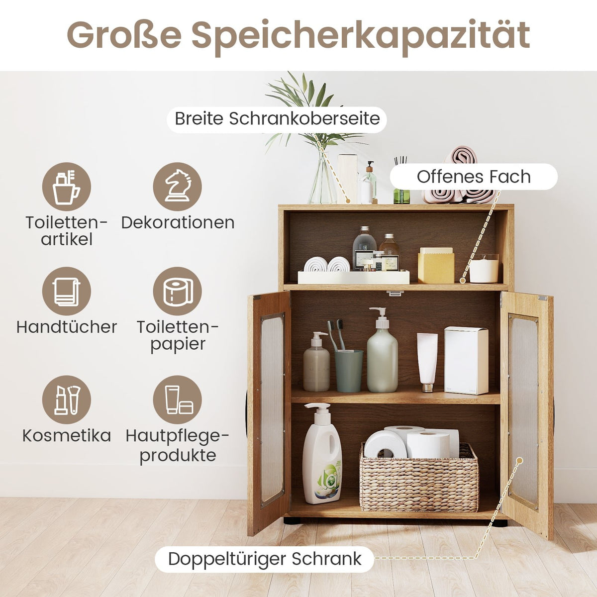 Bathroom Cabinet with 2 Doors & Adjustable Shelf, Freestanding