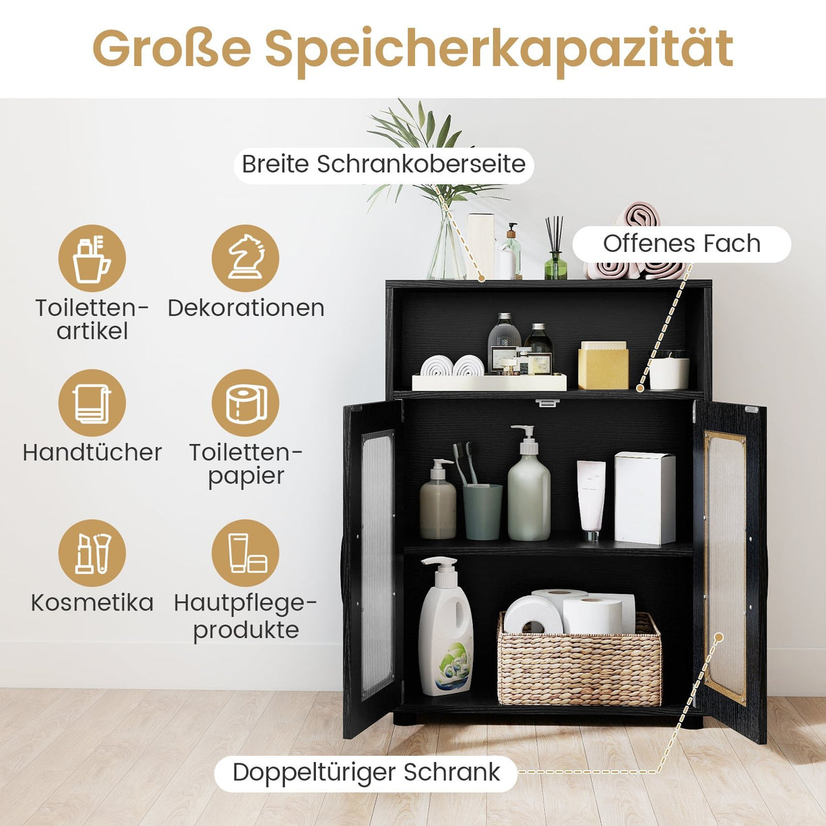 Bathroom Cabinet with 2 Doors & Adjustable Shelves, Black