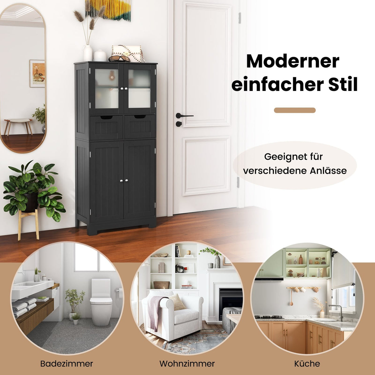 Bathroom Cabinet with 2 Drawers, 4 Doors, Adjustable Shelves