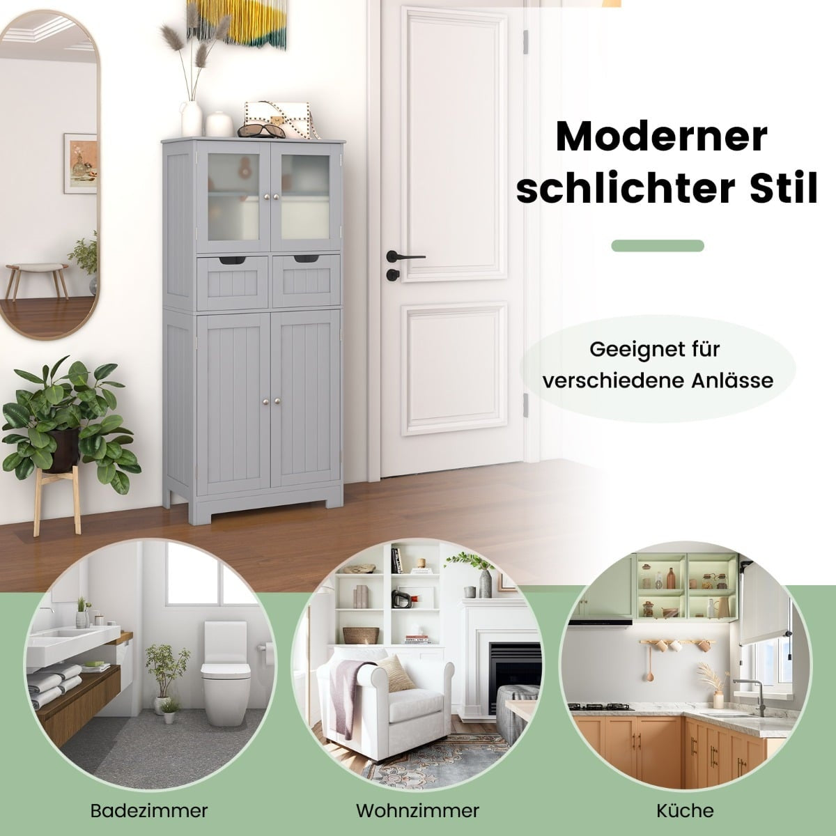 Bathroom Cabinet with 2 Glass Doors, 2 Drawers, Adjustable Shelves