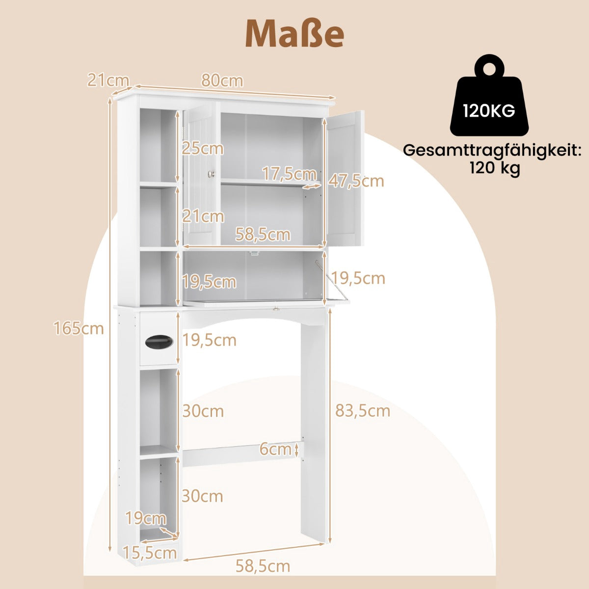Bathroom Cabinet with 3 Doors & Adjustable Shelves, White