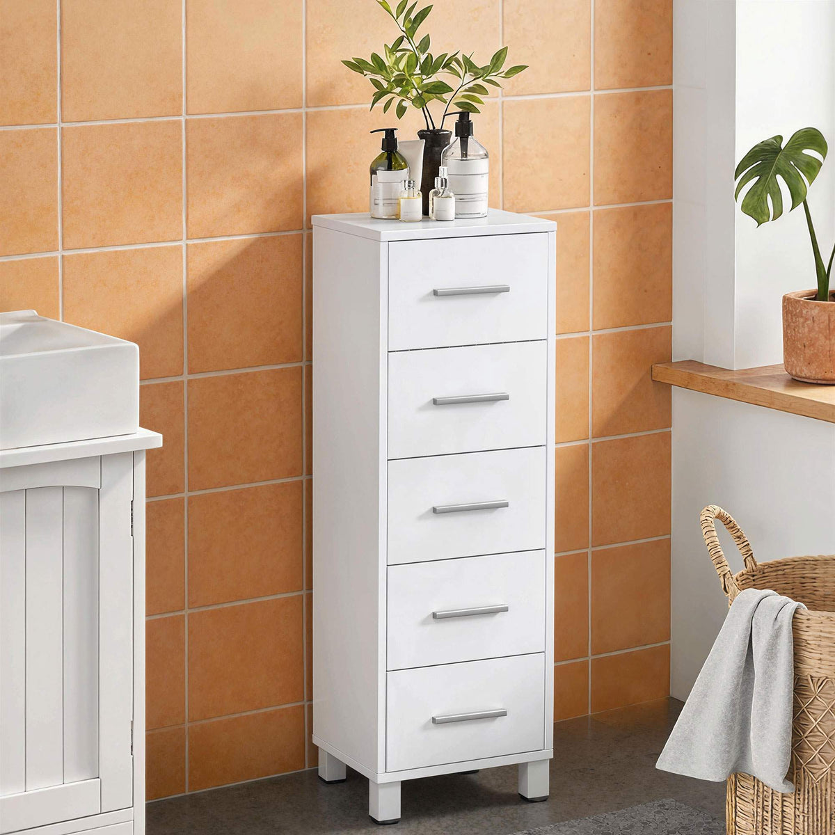 Bathroom Cabinet with 5 Drawers, White, 30x30x95 cm