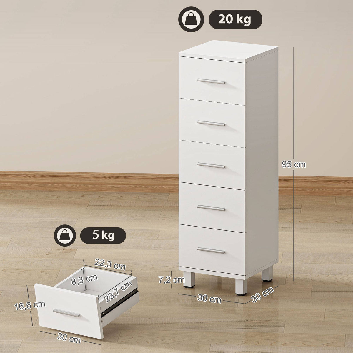 Bathroom Cabinet with 5 Drawers, White, 30x30x95 cm