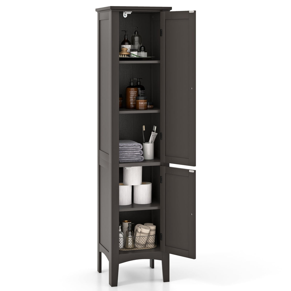 Bathroom Cabinet with 5 Shelves, Louvered Doors, Anti-Tip
