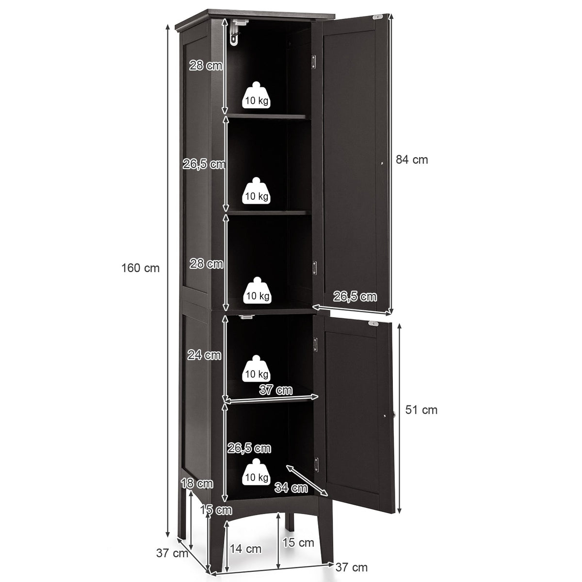 Bathroom Cabinet with 5 Shelves, Louvered Doors, Anti-Tip