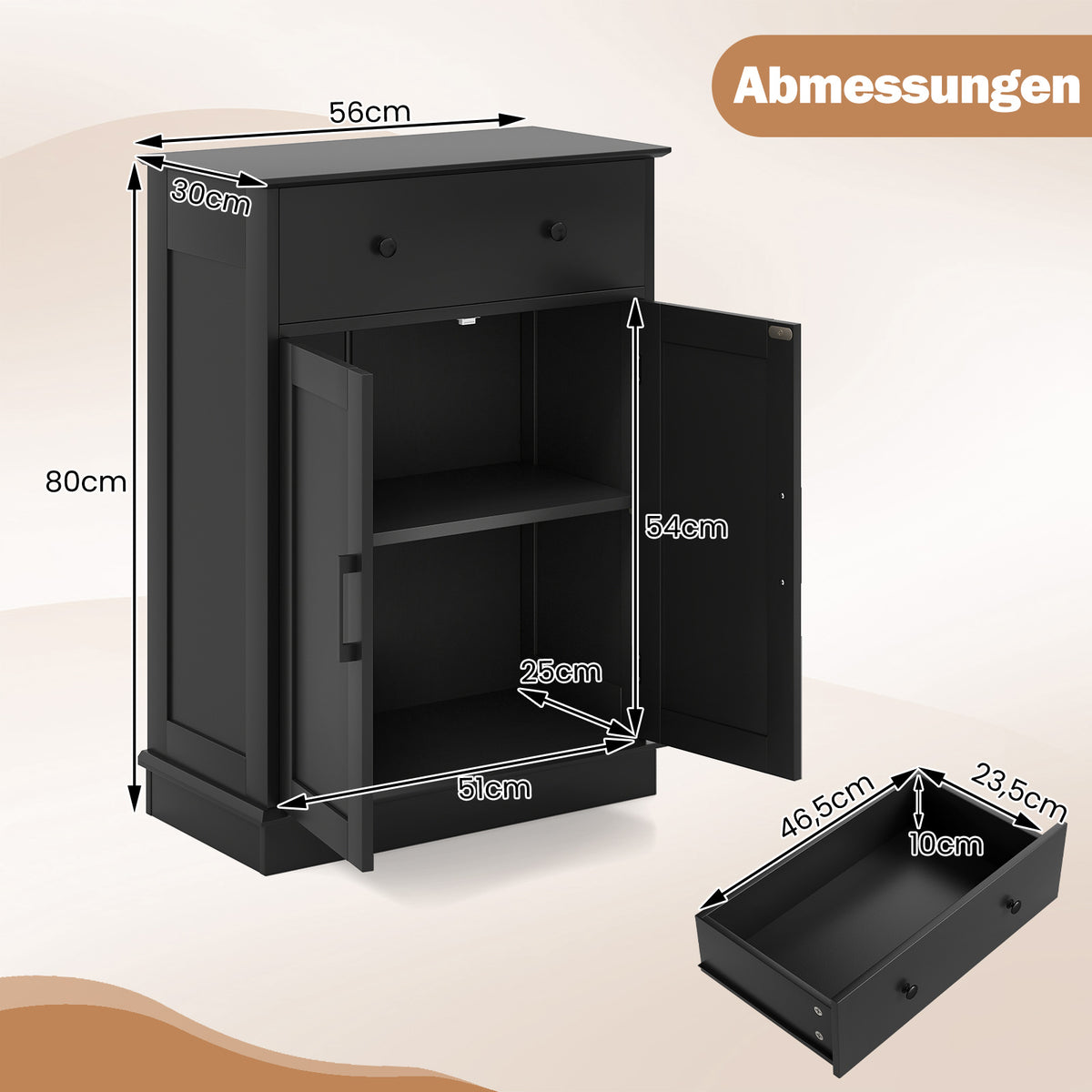 Bathroom Cabinet with Drawer, Adjustable Shelf, 56x30x80cm, Black