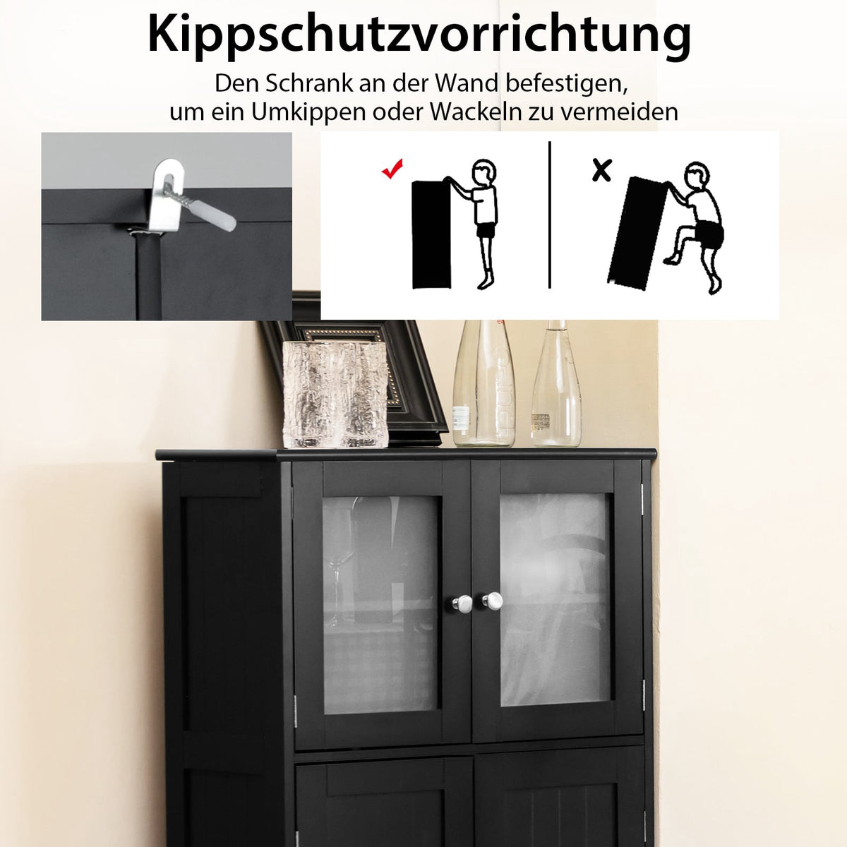 Bathroom Cabinet with Glass Doors, Adjustable Shelf, Black