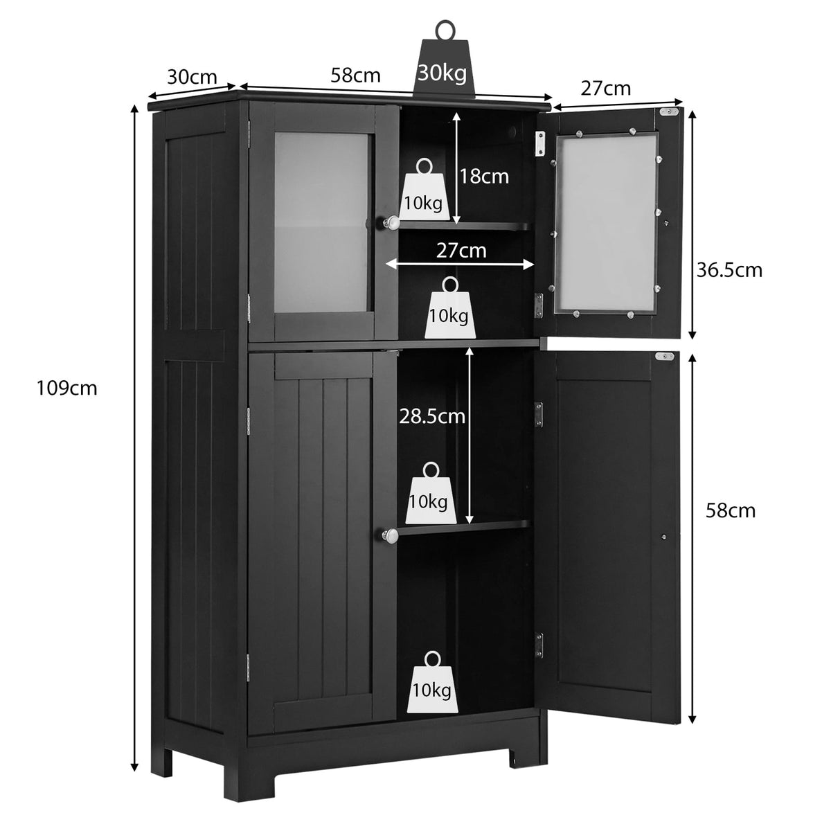 Bathroom Cabinet with Glass Doors, Adjustable Shelf, Black