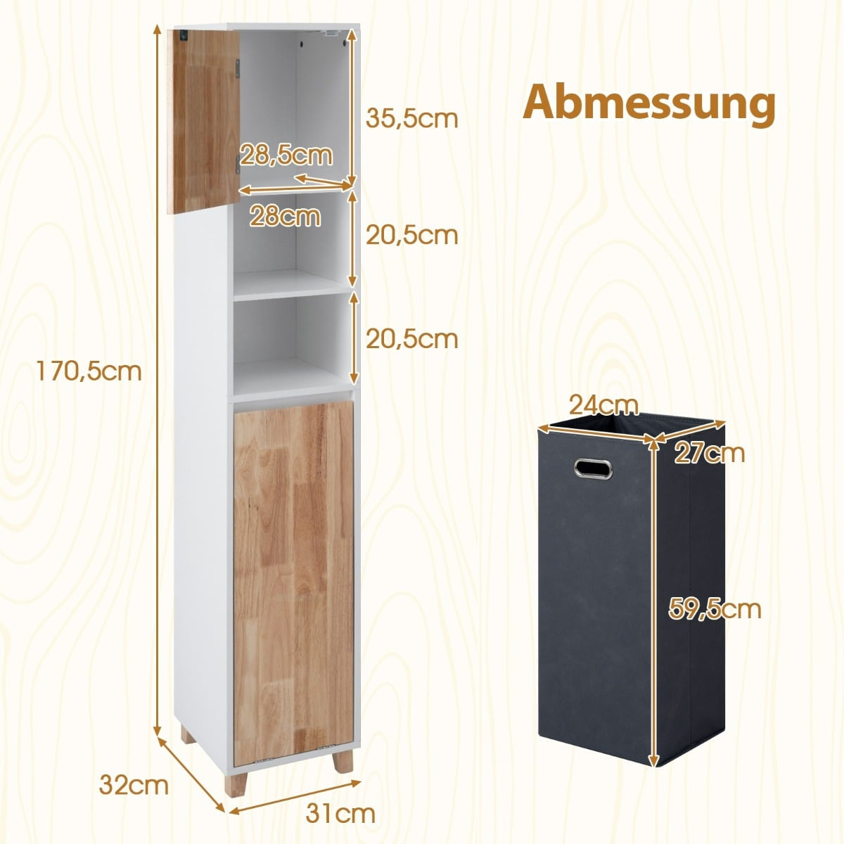 Bathroom Cabinet with Laundry Basket & 2 Open Shelves
