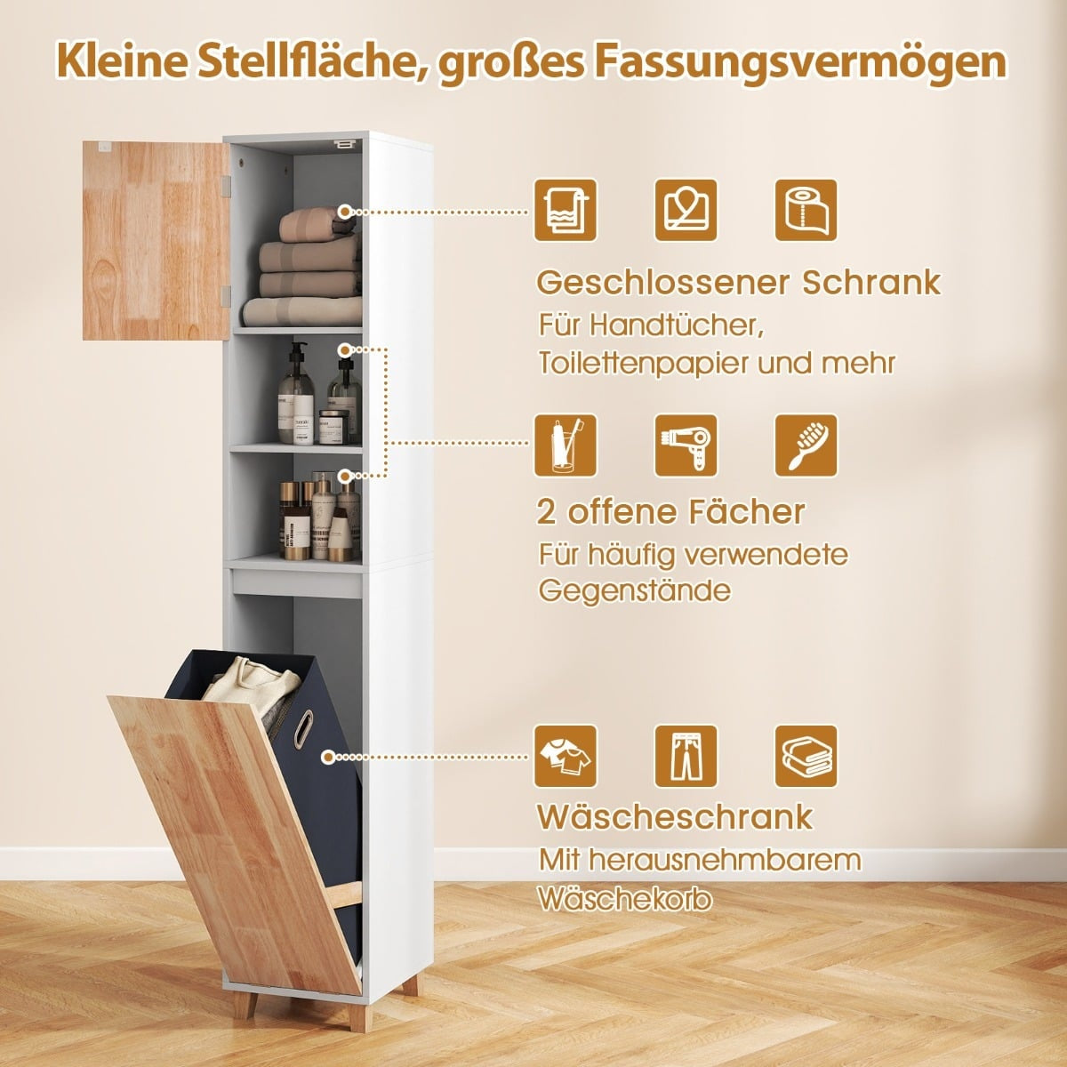 Bathroom Cabinet with Laundry Basket & 2 Open Shelves