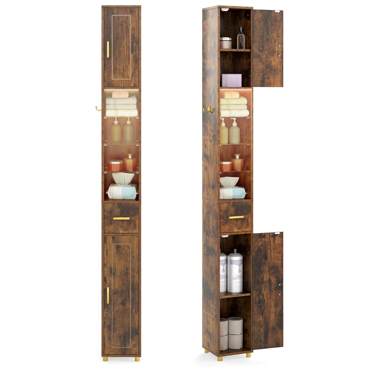 Bathroom Cabinet with Lighting, Drawer & Glass Shelves
