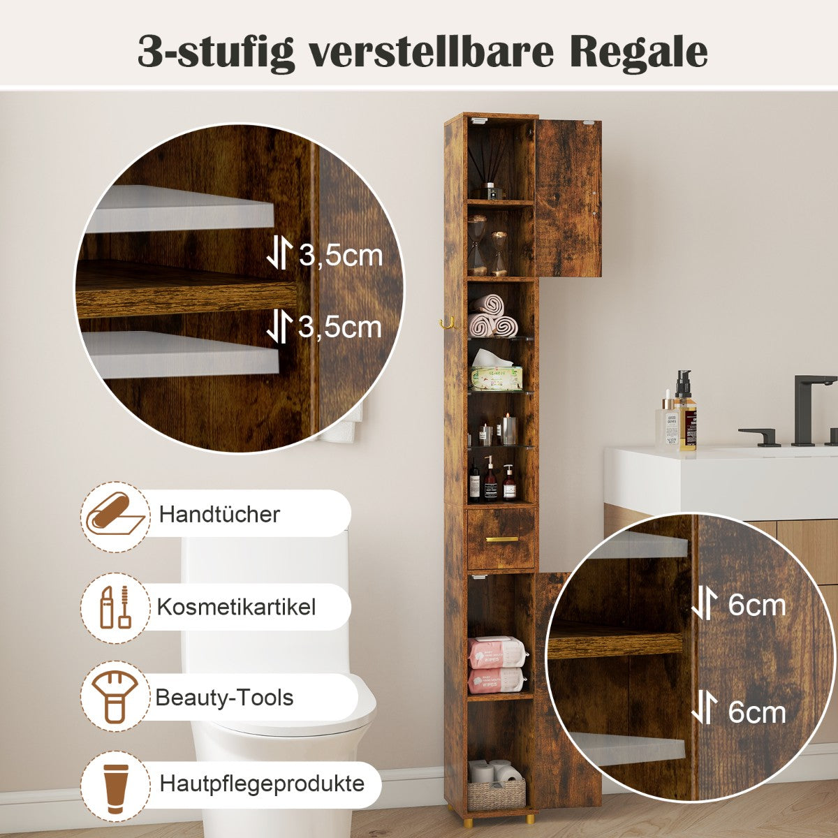 Bathroom Cabinet with Lighting, Drawer & Glass Shelves
