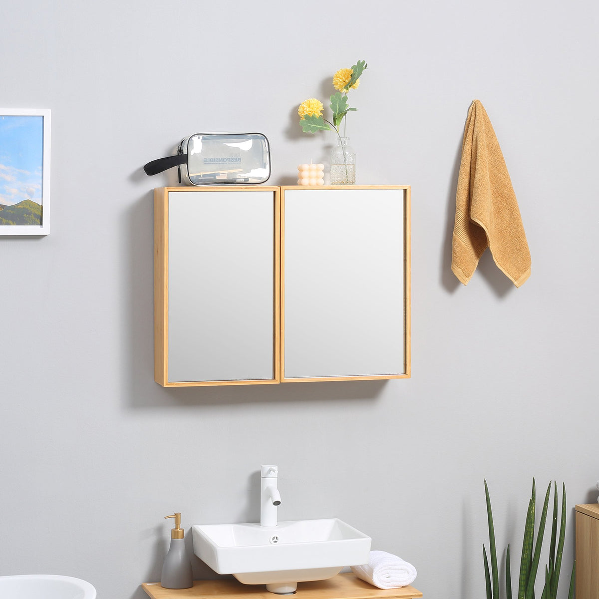 Bathroom Cabinet with Mirror Doors, Bamboo, Multiple Shelves, 65.2 x 14 x 50 cm