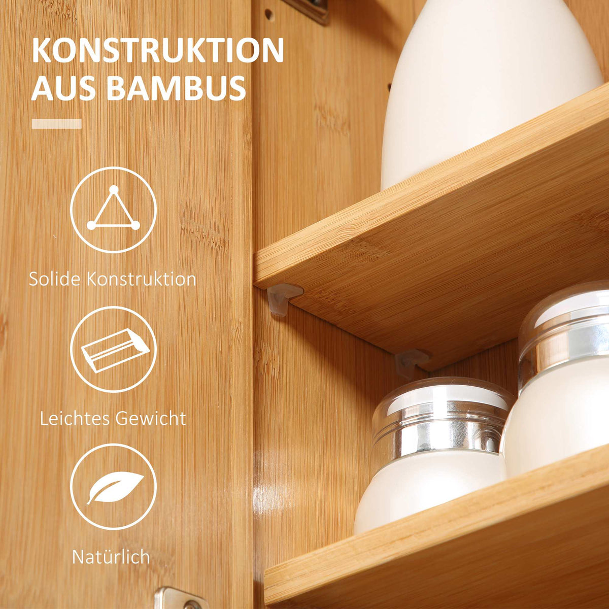 Bathroom Cabinet with Mirror Doors, Bamboo, Multiple Shelves, 65.2 x 14 x 50 cm