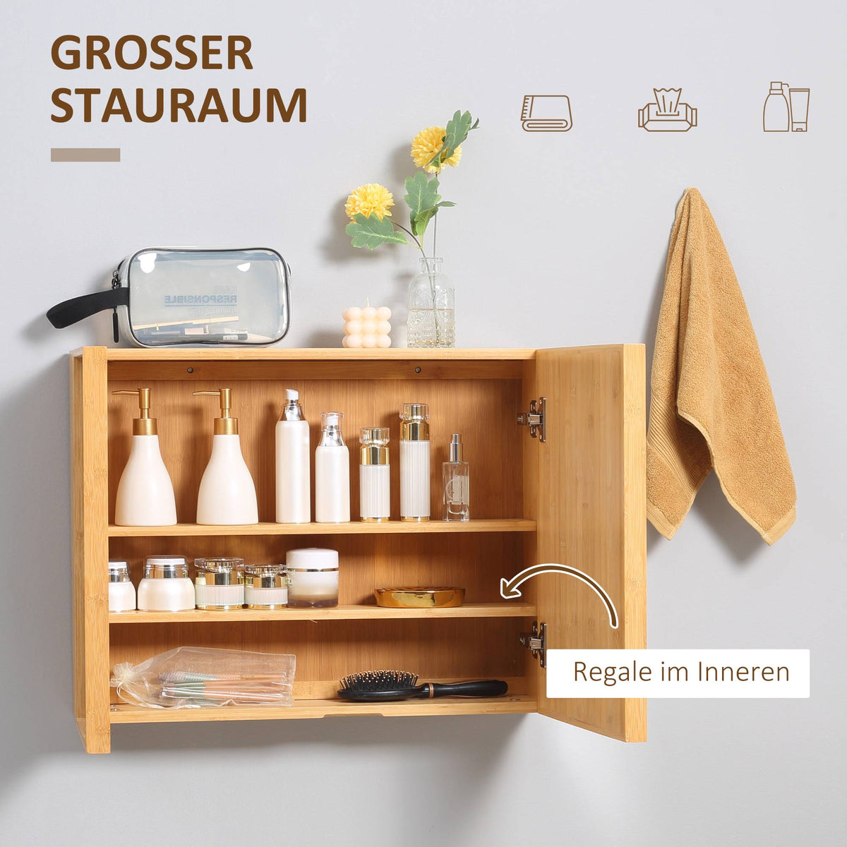 Bathroom Cabinet with Mirror Doors, Bamboo, Multiple Shelves, 65.2 x 14 x 50 cm