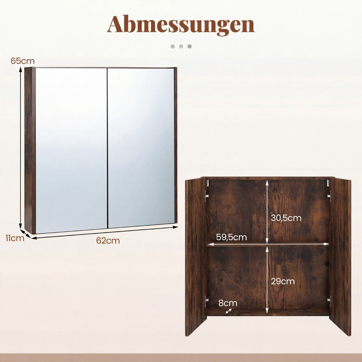 Bathroom Cabinet with Mirror Doors, Rustic Brown, 62x11x65 cm