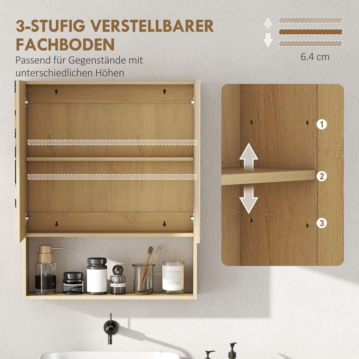 Bathroom Cabinet with Mirror Doors, Wall-Mounted, Oak Finish