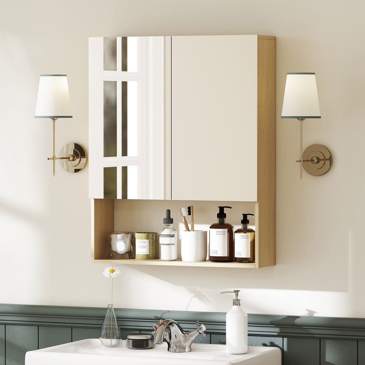 Bathroom Cabinet with Mirror Doors, Wall-Mounted, Oak Finish