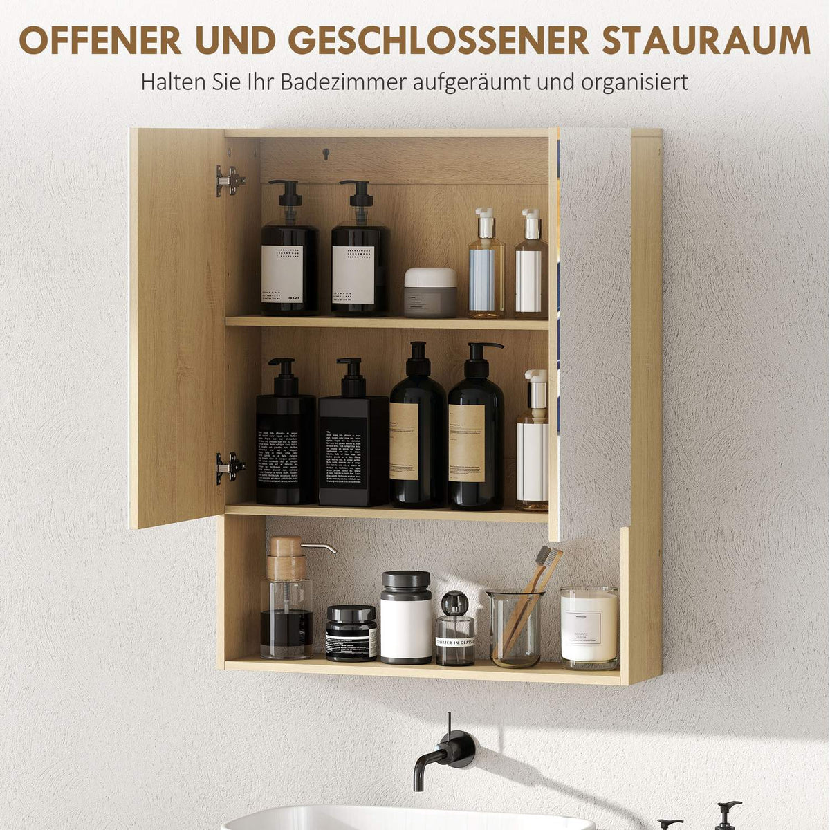 Bathroom Cabinet with Mirror Doors, Wall-Mounted, Oak Finish