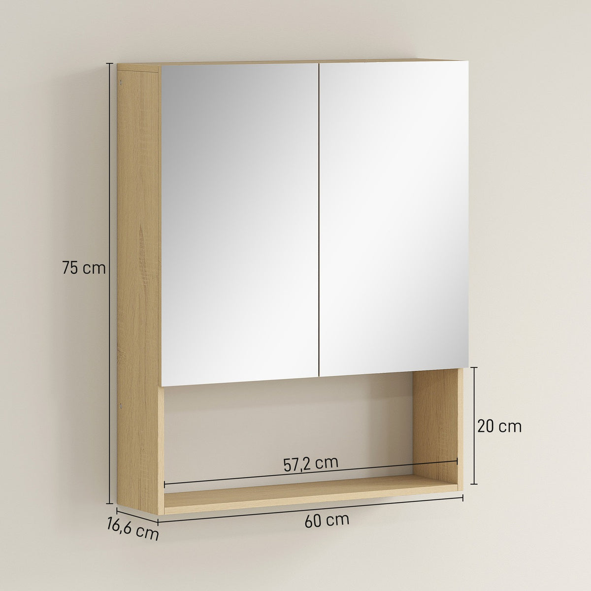 Bathroom Cabinet with Mirror Doors, Wall-Mounted, Oak Finish