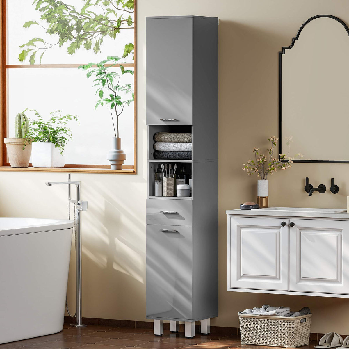 Bathroom Cabinet with Shelves and Drawer, Adjustable, Gray