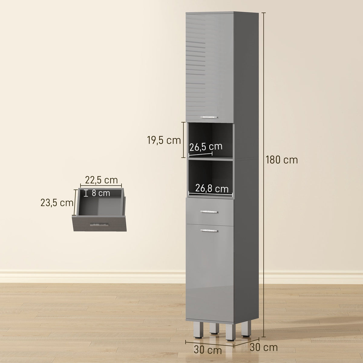 Bathroom Cabinet with Shelves and Drawer, Adjustable, Gray