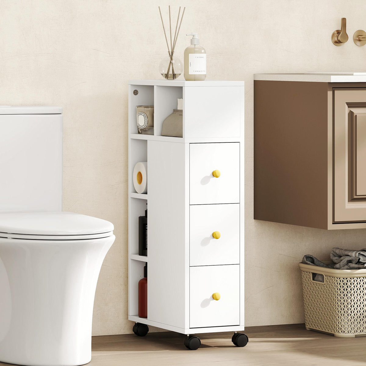 Bathroom Cabinet with Wheels, 3 Drawers, 5 Shelves, White
