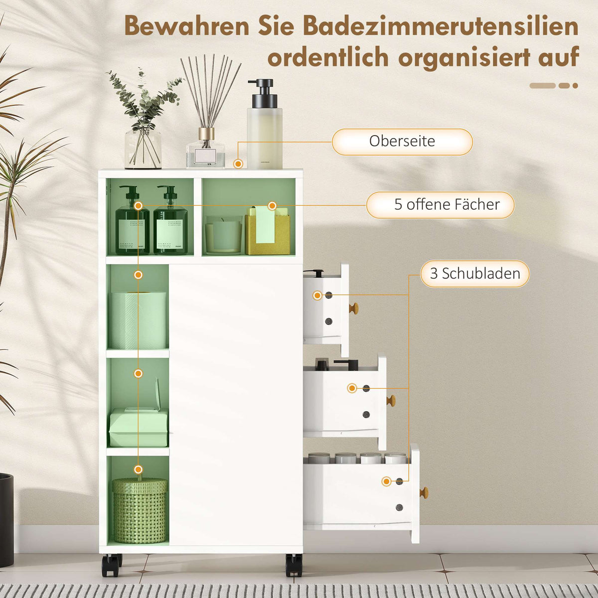 Bathroom Cabinet with Wheels, 3 Drawers, 5 Shelves, White