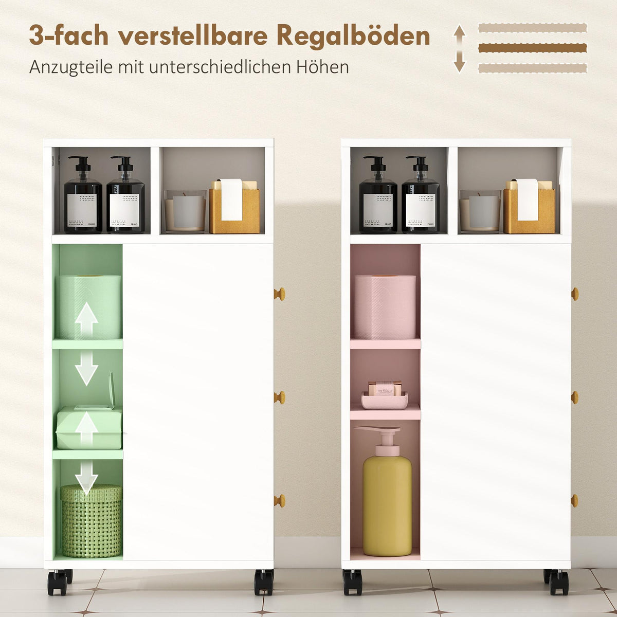 Bathroom Cabinet with Wheels, 3 Drawers, 5 Shelves, White