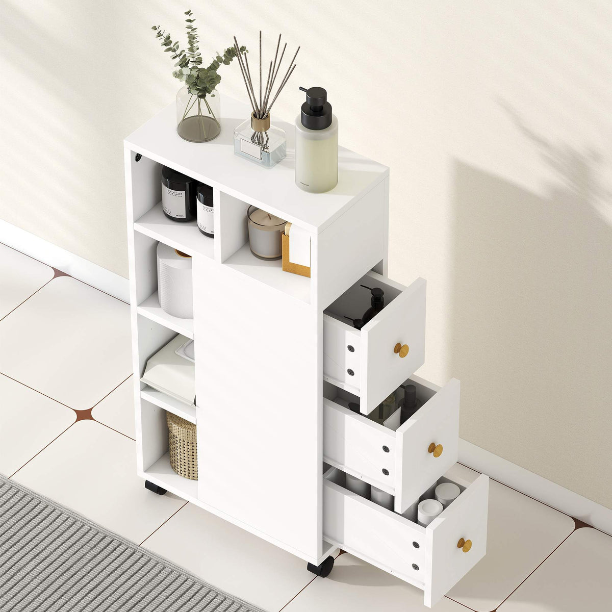 Bathroom Cabinet with Wheels, 3 Drawers, 5 Shelves, White