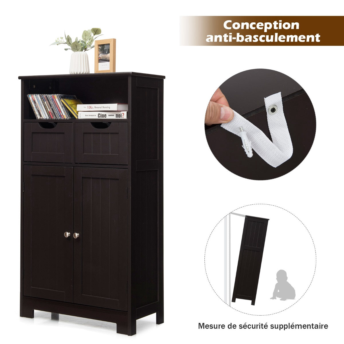 Bathroom Floor Cabinet – 2 Drawers, 2 Doors, Adjustable Shelf