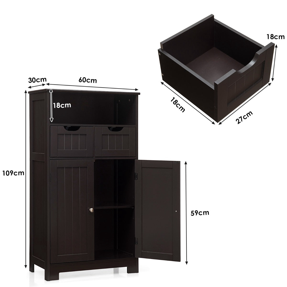 Bathroom Floor Cabinet – 2 Drawers, 2 Doors, Adjustable Shelf