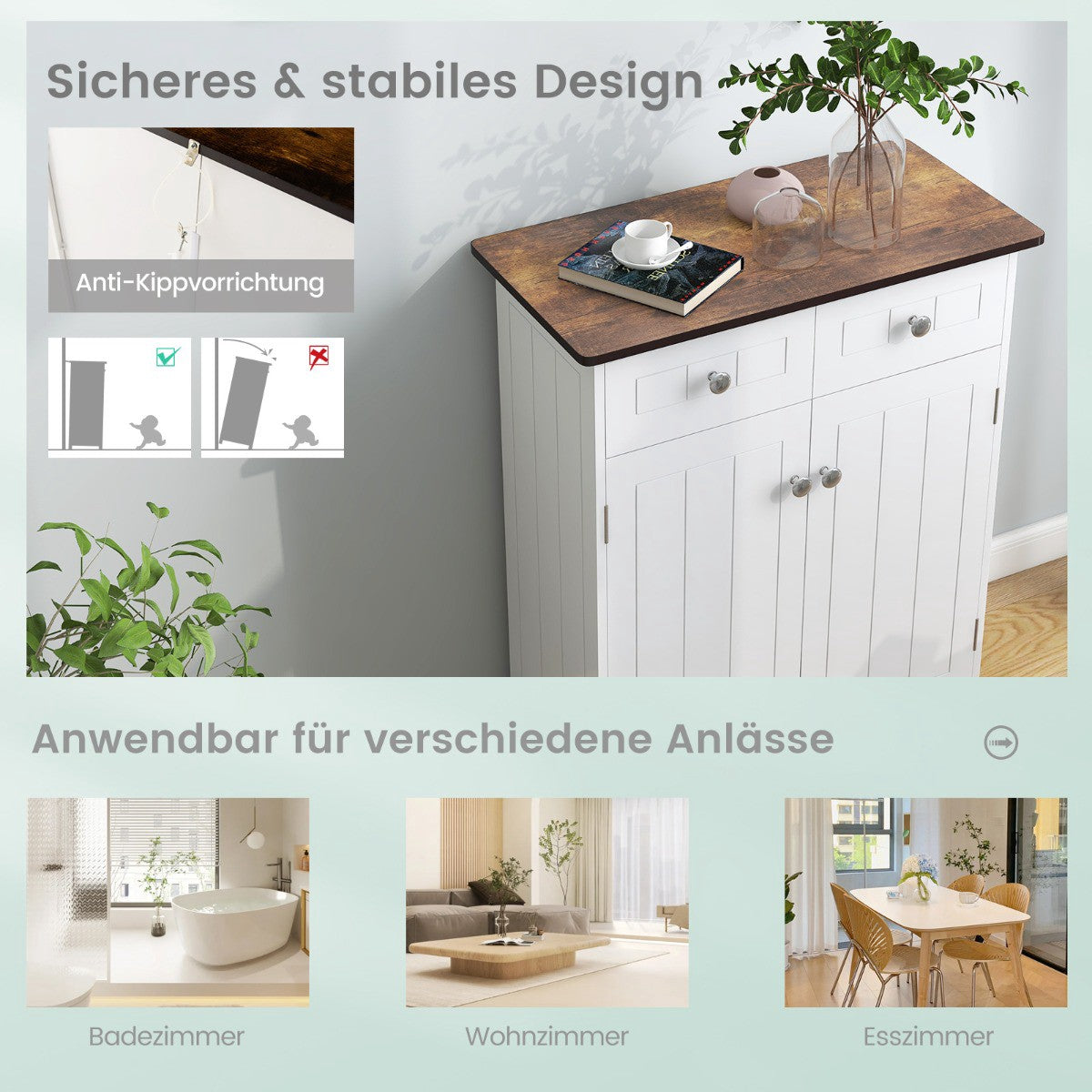Bathroom Floor Cabinet, 2 Drawers, Adjustable Shelf, White