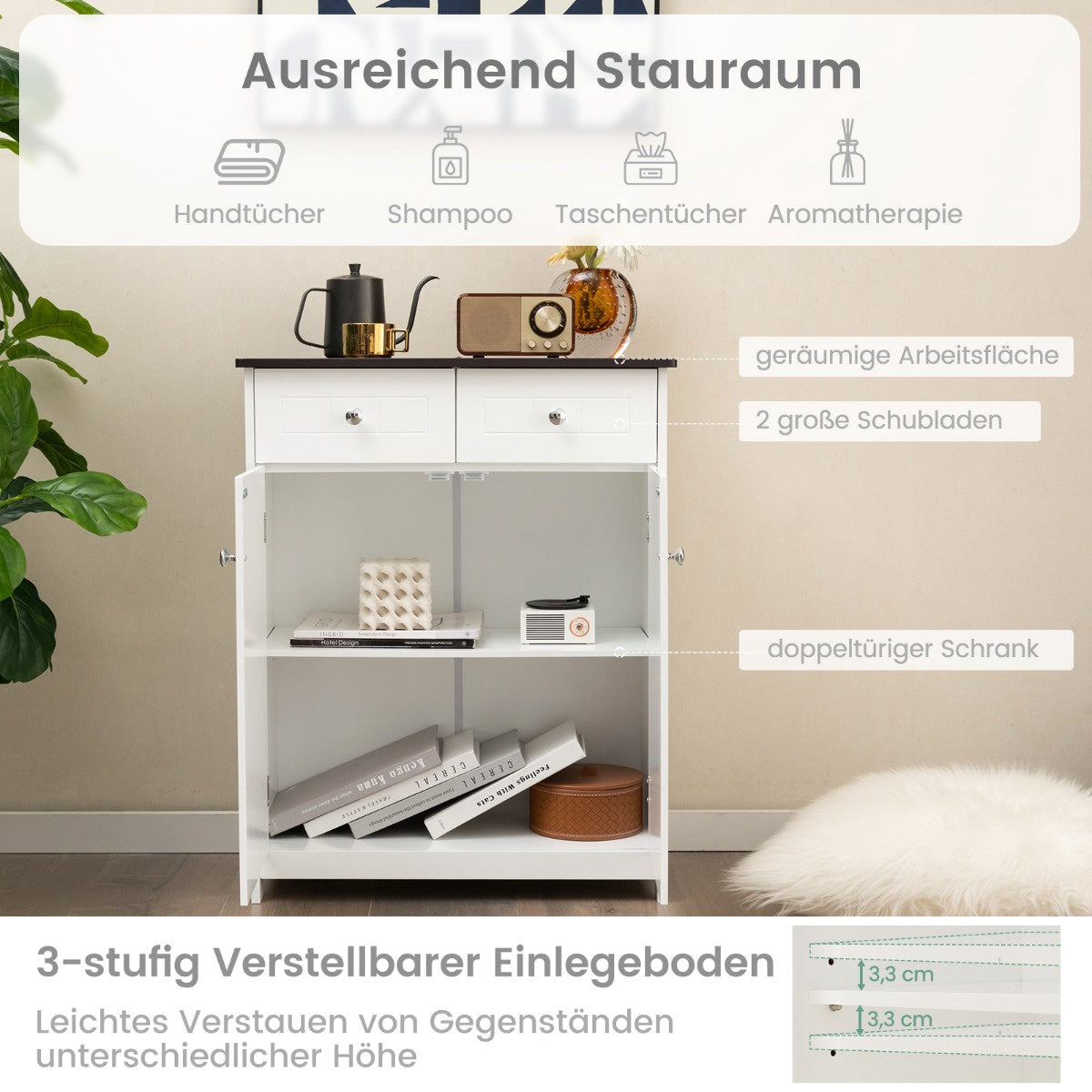 Bathroom Floor Cabinet, 2 Drawers, Adjustable Shelf, White