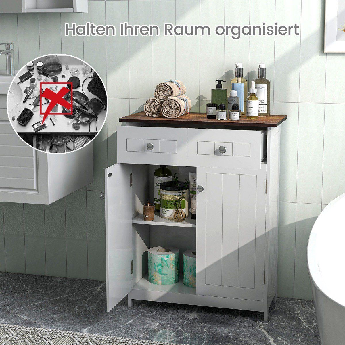 Bathroom Floor Cabinet, 2 Drawers, Adjustable Shelf, White
