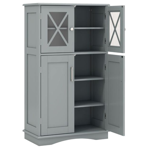 Bathroom Floor Cabinet, 4-Door Glass, Adjustable Shelves