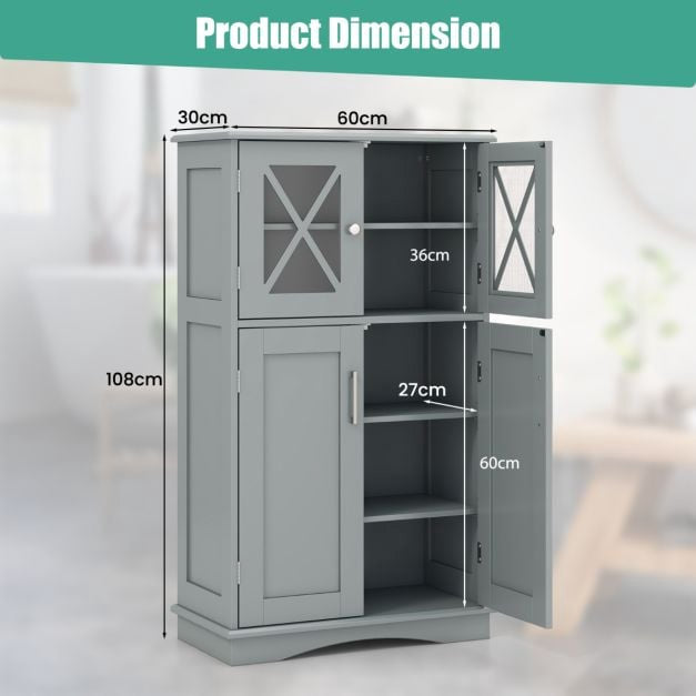 Bathroom Floor Cabinet, 4-Door Glass, Adjustable Shelves