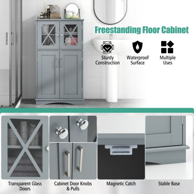 Bathroom Floor Cabinet, 4-Door Glass, Adjustable Shelves
