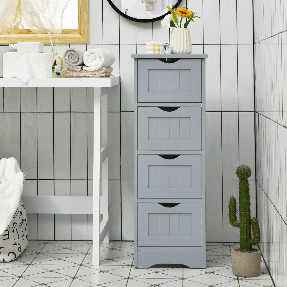 Bathroom Floor Cabinet, 4-Drawer, Anti-Tip, Gray