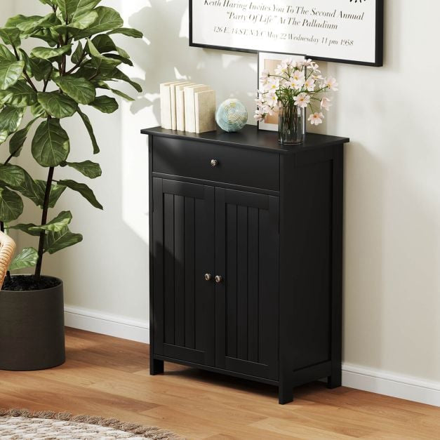 Bathroom Floor Cabinet, Freestanding, 2 Doors, Drawer, Black