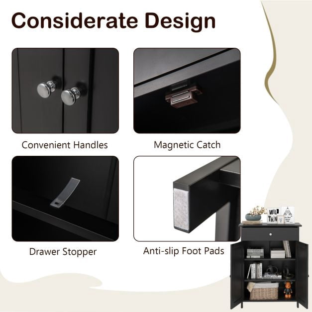 Bathroom Floor Cabinet, Freestanding, 2 Doors, Drawer, Black