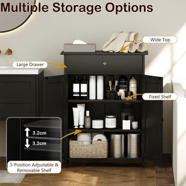 Bathroom Floor Cabinet, Freestanding, 2 Doors, Drawer, Black