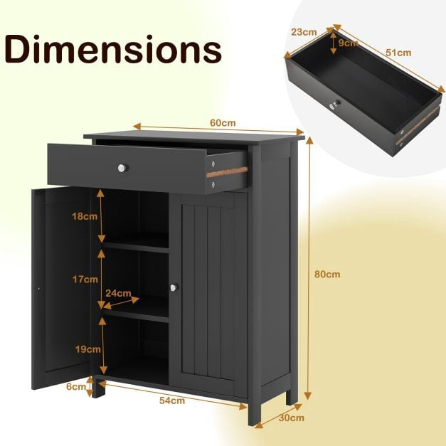 Bathroom Floor Cabinet, Freestanding, 2 Doors, Drawer, Black