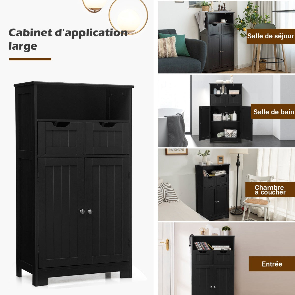 Bathroom Floor Cabinet, Open Shelf, 2 Drawers, Black