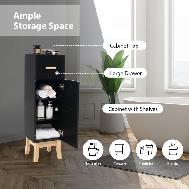 Bathroom Floor Cabinet, Sliding Drawer, Adjustable Shelves, Black