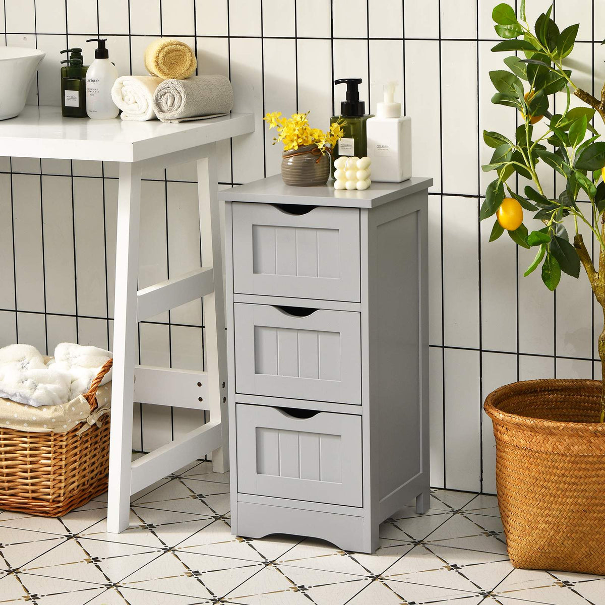Bathroom Floor Cabinet, Slim 3-Drawer MDF, White