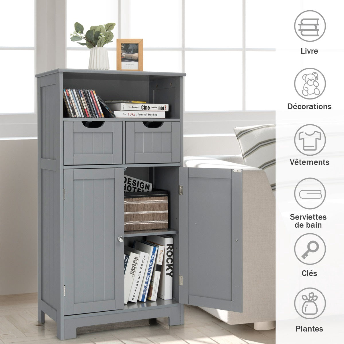 Bathroom Floor Cabinet With 2 Drawers, Open Shelf, Black