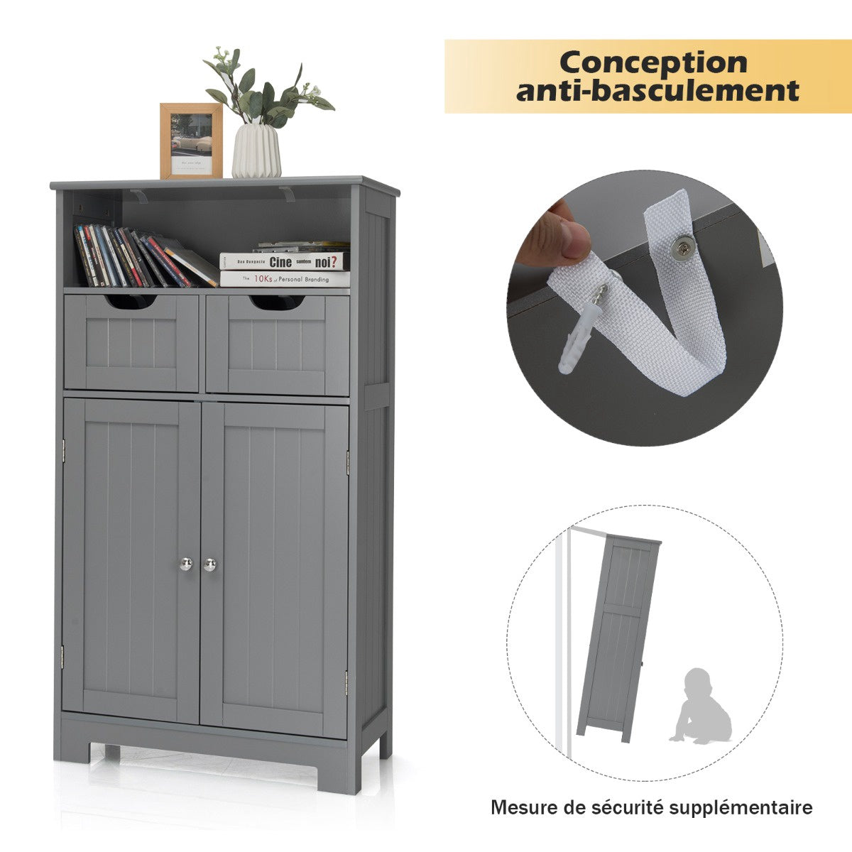 Bathroom Floor Cabinet With 2 Drawers, Open Shelf, Black
