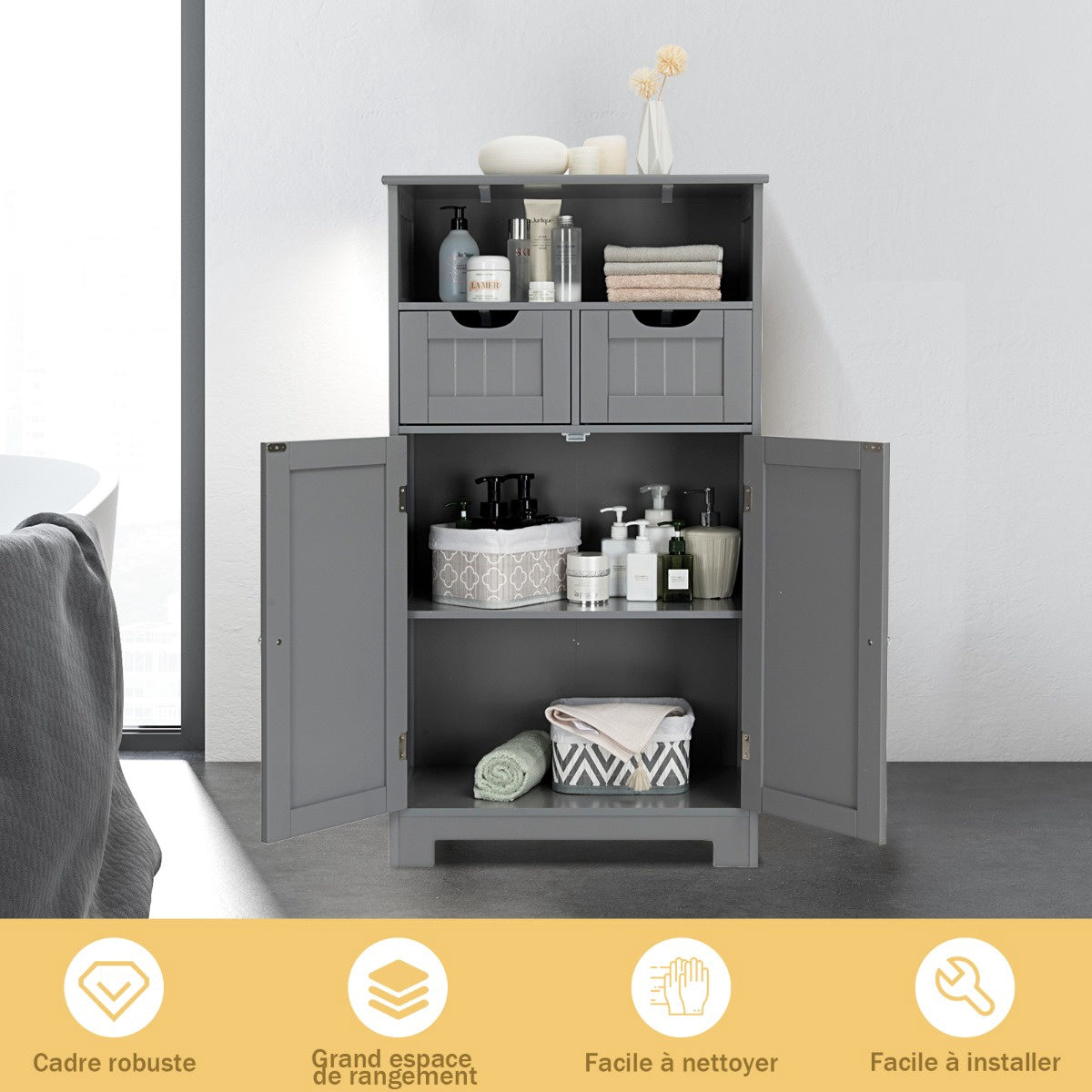 Bathroom Floor Cabinet With 2 Drawers, Open Shelf, Black